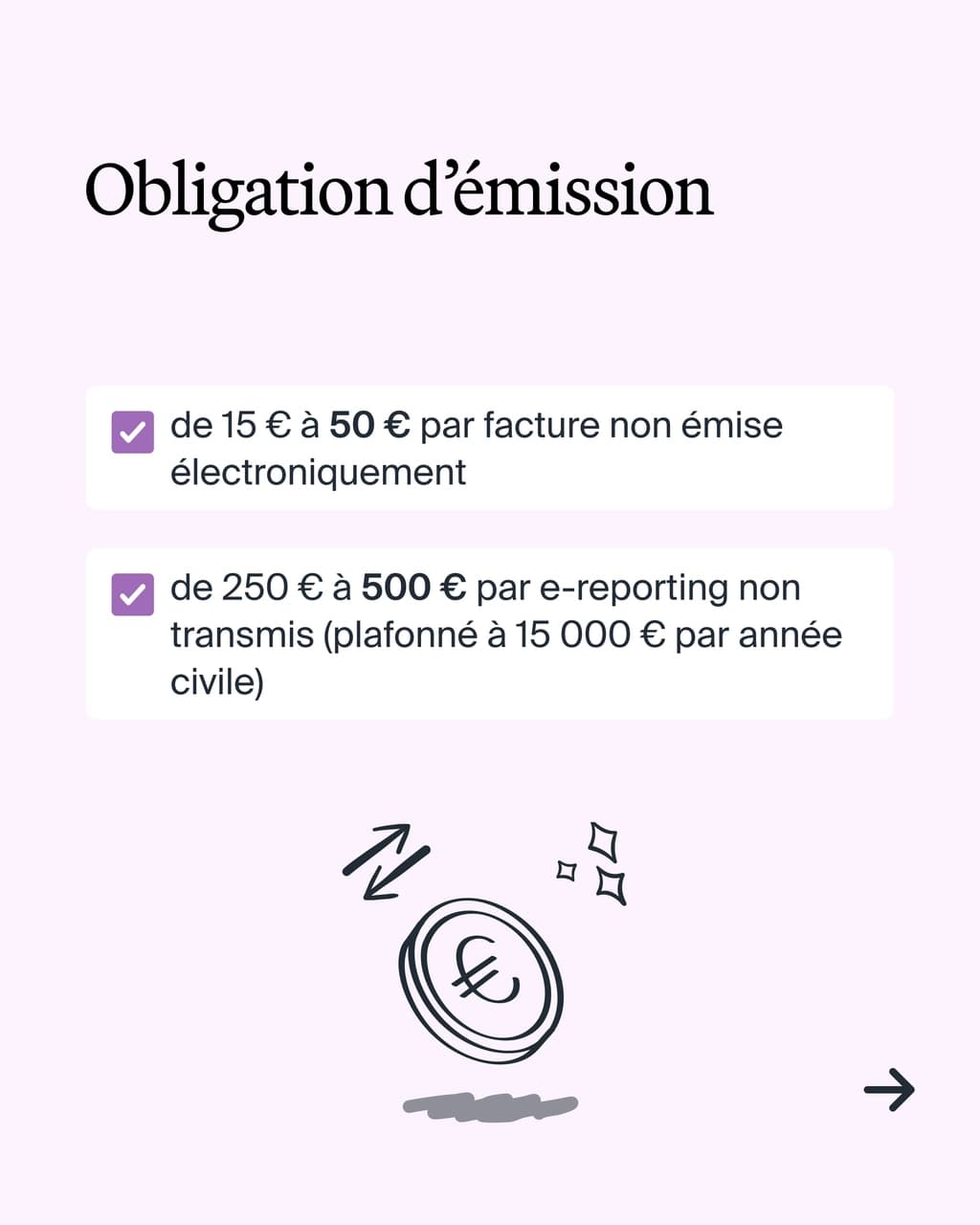 Sanctions de l'obligation d'émission de facture électronique : 15 à 50 euros par facture non émise électroniquement, 250 à 500 euros par e-reporting non transmis, plafonné à 15 000 euros par année civile
