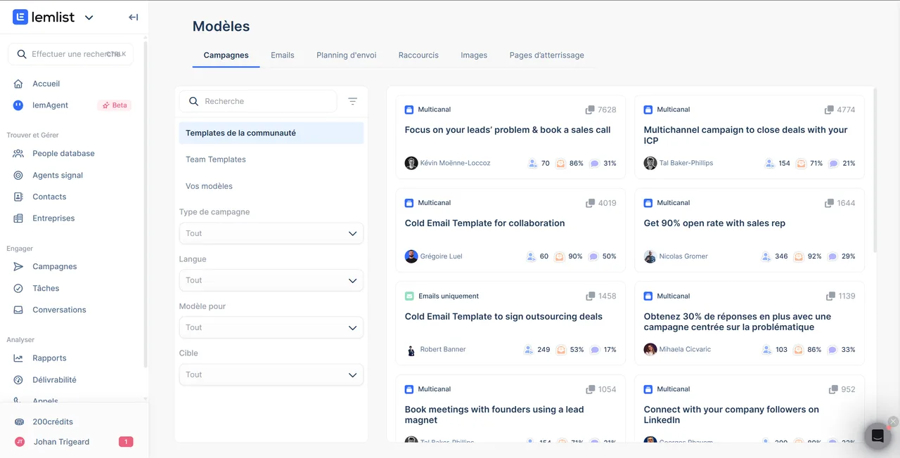 Modèles de séquences multicanal lemlist avec taux de réponse moyens par template