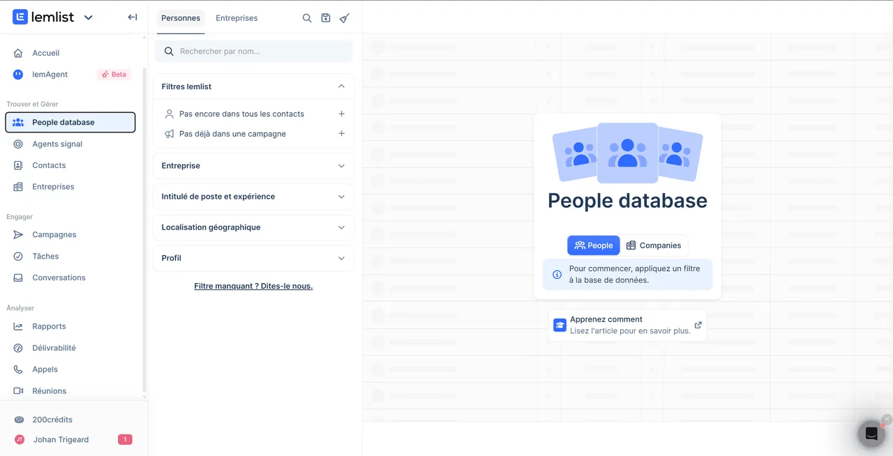 Base de leads B2B intégrée dans lemlist : recherche et enrichissement de prospects par poste et entreprise
