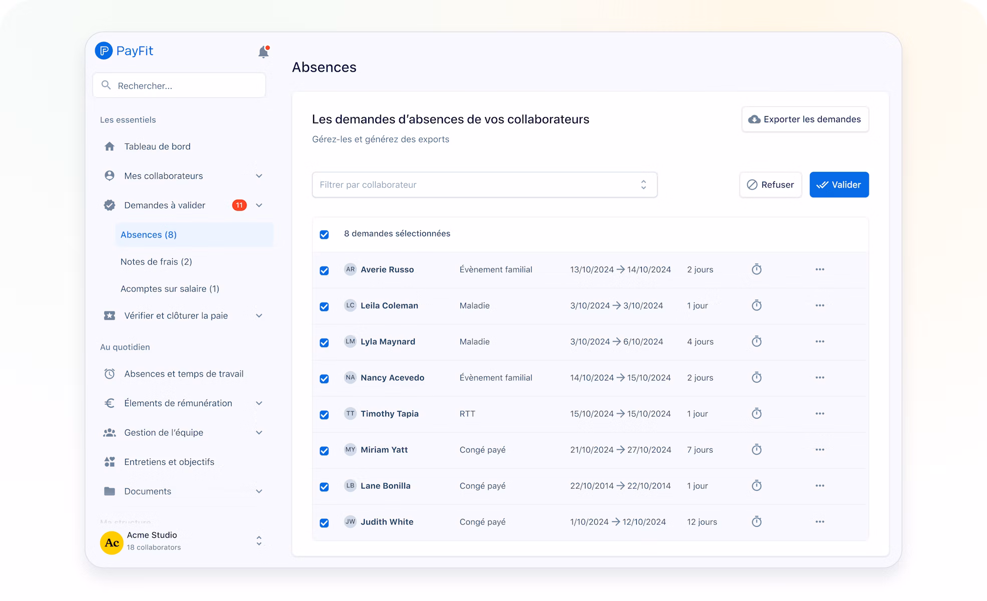Liste des demandes d'absences des collaborateurs dans PayFit avec validation ou refus en un clic et export