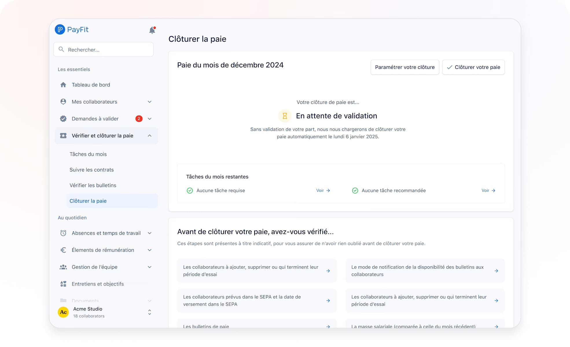 Écran de clôture de la paie mensuelle dans PayFit avec validation et liste des tâches à vérifier avant l'échéance