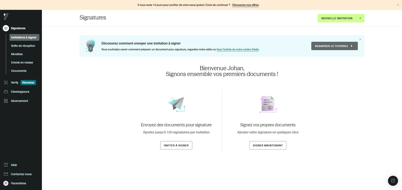 Tableau de bord Signatures de Yousign en français, avec les invitations à signer et le suivi des documents