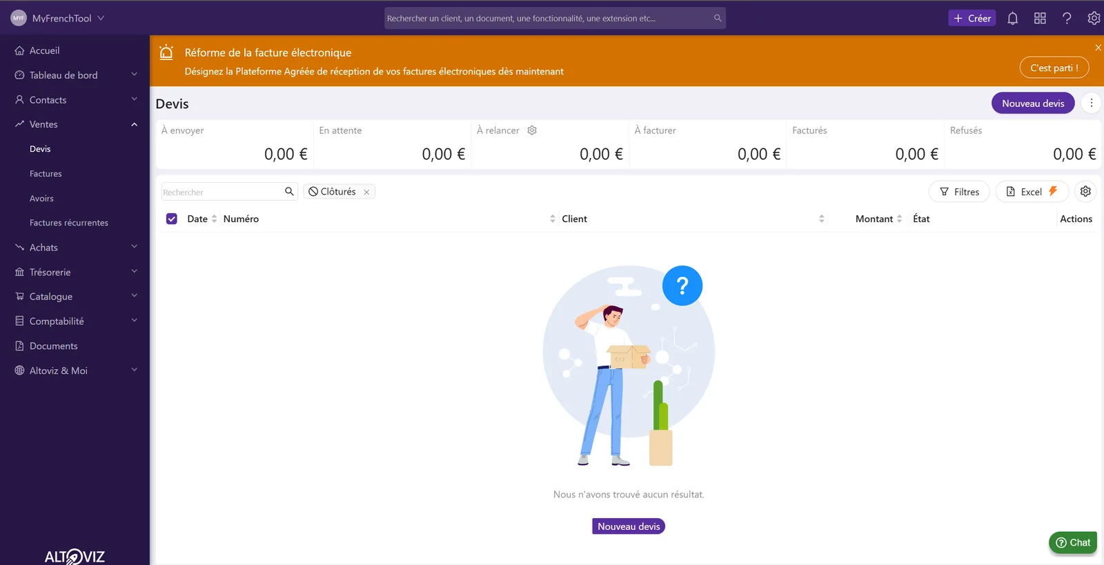 Module devis d'Altoviz avec le suivi par statut : à envoyer, en attente, à relancer, à facturer, facturés et refusés