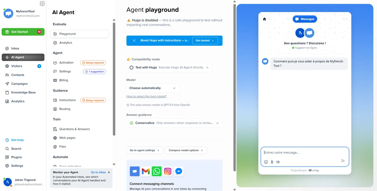 Agent IA Hugo de Crisp qui répond automatiquement aux demandes clients répétitives