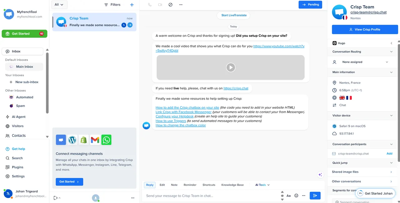 Boîte de réception unifiée de Crisp centralisant chat, email et messages clients dans une seule interface