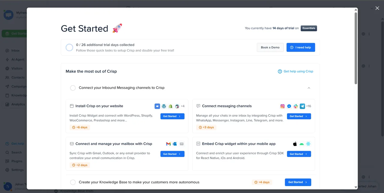 Onboarding Get Started de Crisp qui prolonge l'essai gratuit de 14 à 28 jours
