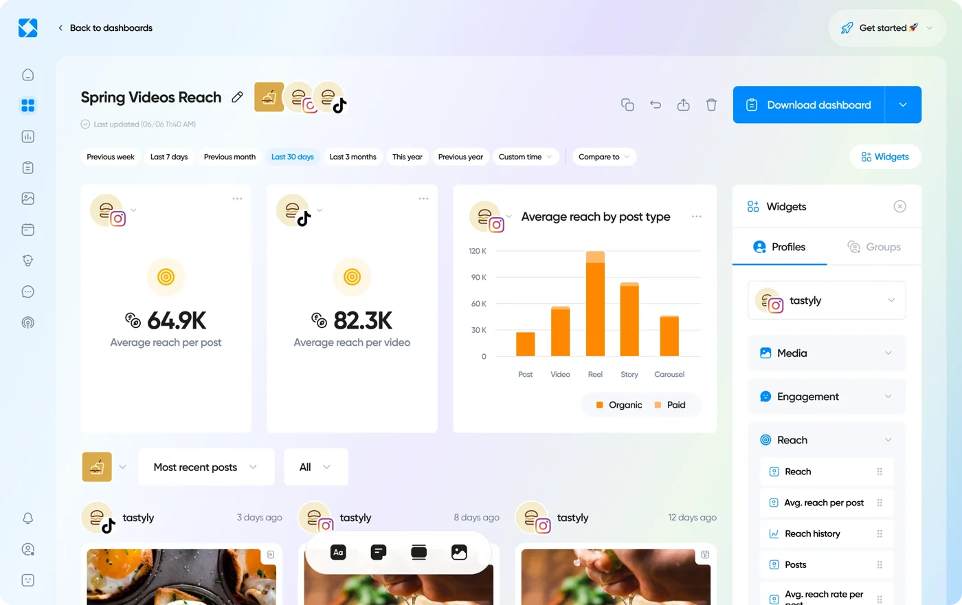 Tableau de bord analytics d'Iconosquare : engagement, croissance et performance par réseau social