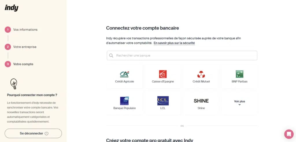 Connexion d'un compte bancaire professionnel dans Indy pour récupérer automatiquement les transactions