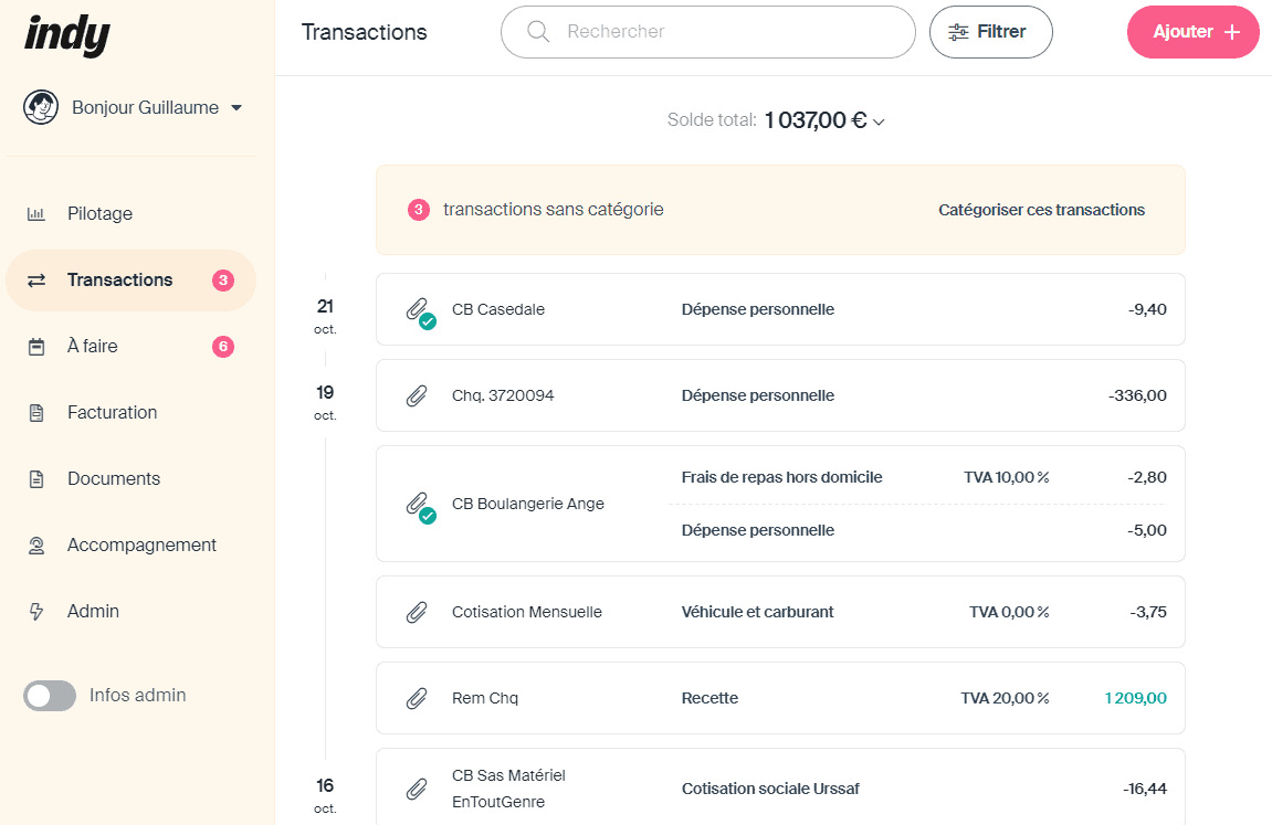 Liste des transactions bancaires catégorisées automatiquement dans Indy avec leur poste comptable et leur TVA