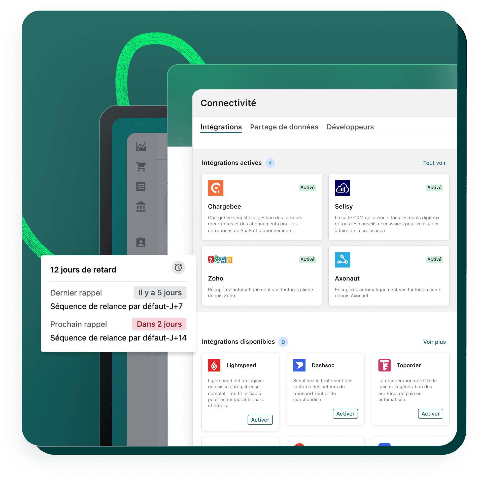 Tableau de bord Pennylane montrant les intégrations bancaires et les relances de factures automatisées