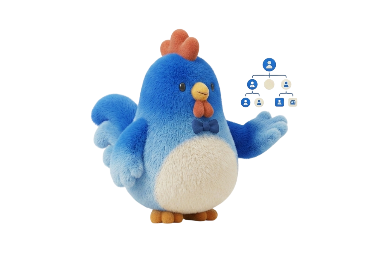 Mascotte coq en réunion avec son équipe