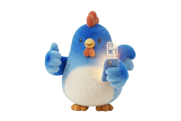 Mascotte coq freelance envoyant une facture depuis son smartphone