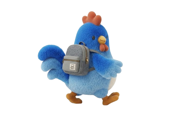 Mascotte coq freelance nomade avec son sac à dos ordinateur
