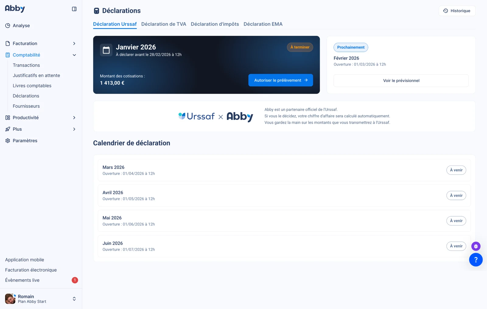 Abby : La déclaration Urssaf calculée automatiquement