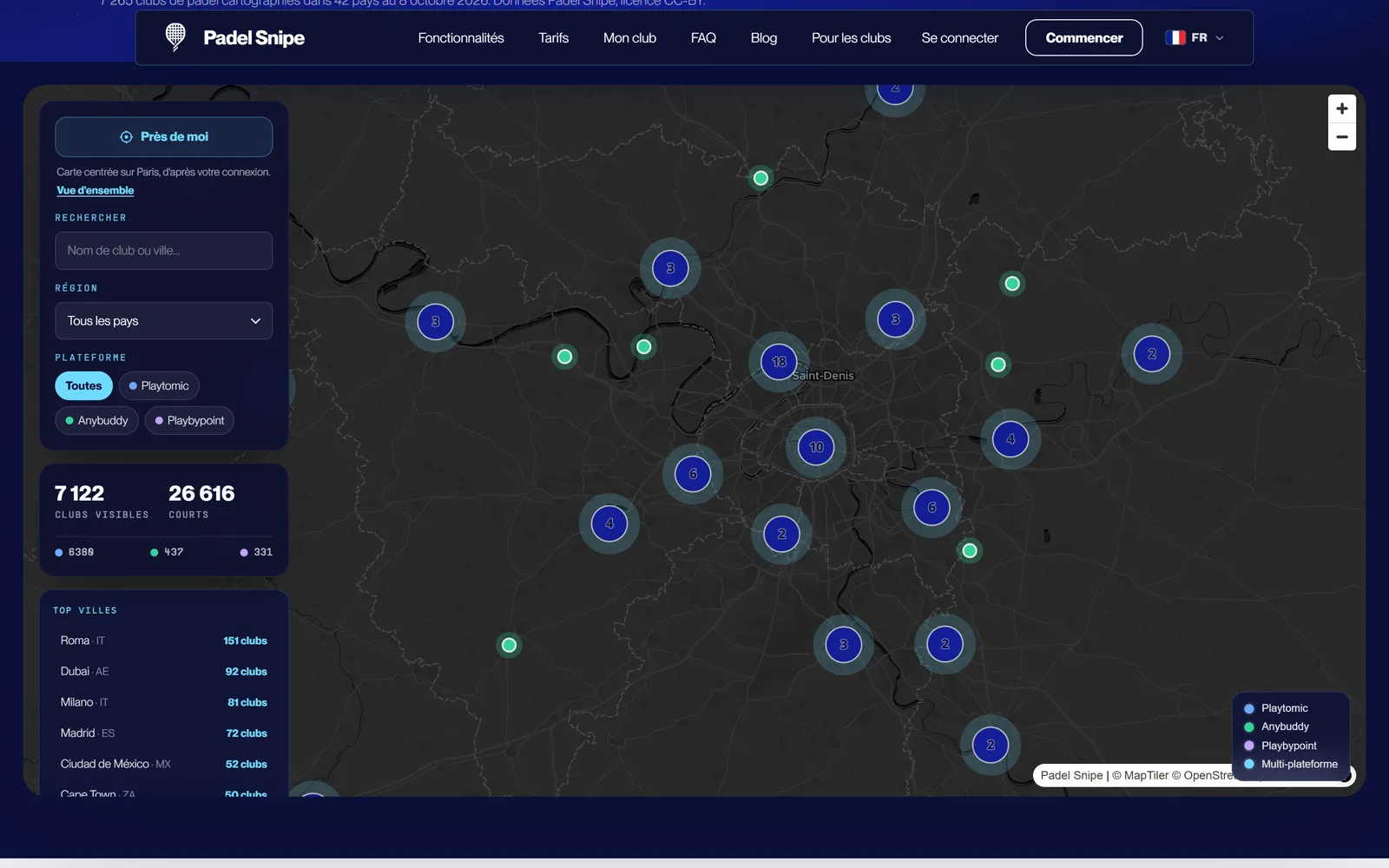 Padel Snipe : 7 267 clubs cartographiés dans 42 pays