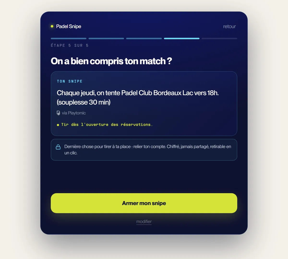 Padel Snipe : Programmez votre créneau une seule fois